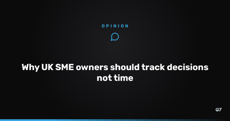 A UK business owner reviewing decisions on a whiteboard instead of a timesheet